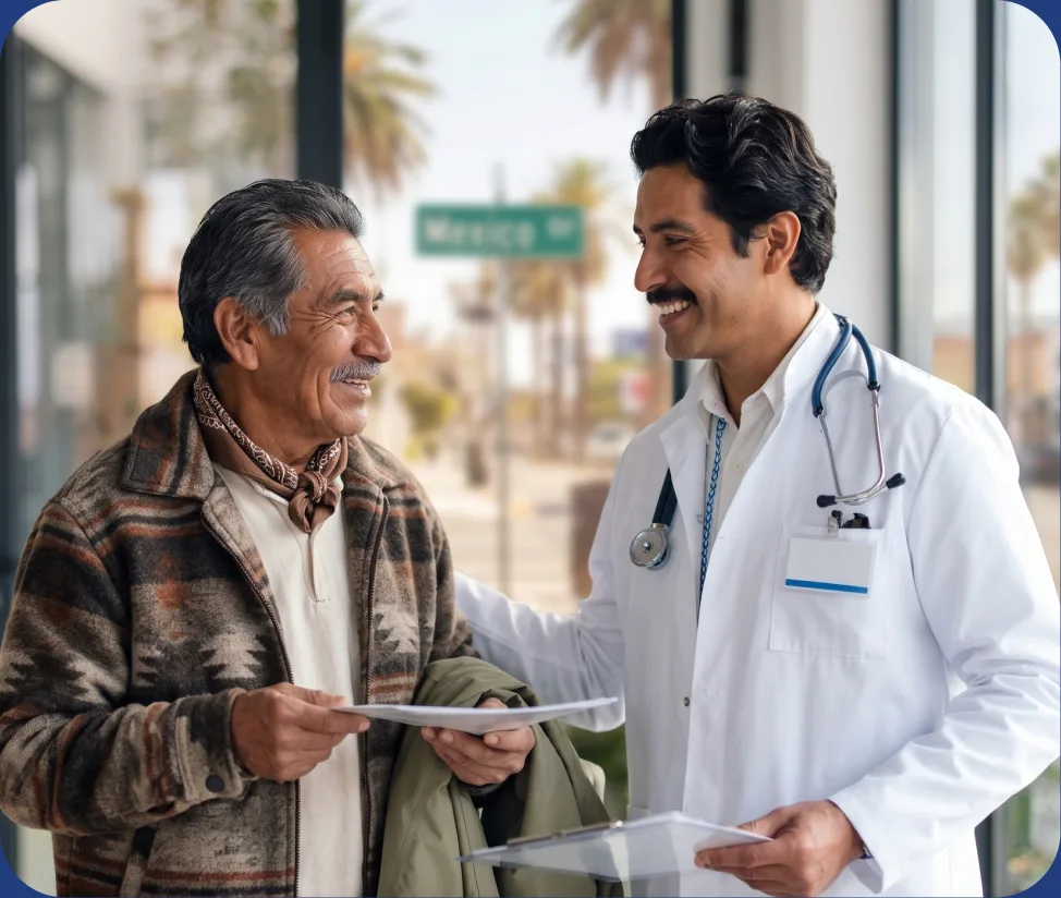 Médico especialista conversando con paciente adulto mayor